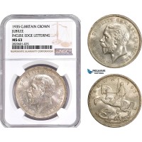 AD213, Great Britain, George V, Crown 1935, Silver, Jubilee, Incuse Edge Let. NGC MS63 AD213, Great Britain, George V, Crown 1935, Silver, Jubilee, Incuse Edge Let. NGC MS63