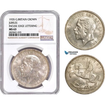 AD213, Great Britain, George V, Crown 1935, Silver, Jubilee, Incuse Edge Let. NGC MS63 AD213, Great Britain, George V, Crown 1935, Silver, Jubilee, Incuse Edge Let. NGC MS63