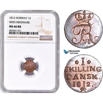 AD220, Norway, Frederik VI, 1 Skilling 1812, Kongsberg, With Mintmark, NGC MS66RB, Pop 3/0
