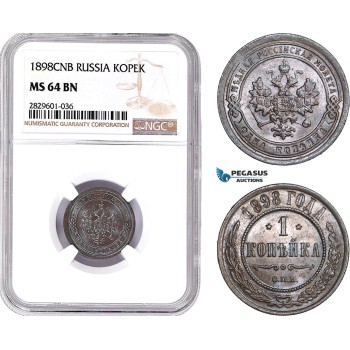 AD230, Russia, Nicholas II, 1 Kopek 1898, St. Petersburg, NGC MS64BN