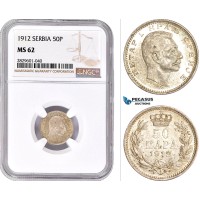 AD234, Serbia, Petar I, 50 Para 1912, Silver, NGC MS62, Pop 1/1