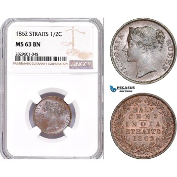 AD237, Straits Settlements, Victoria, 1/2 Cent 1862, NGC MS63BN, Top Pop, Rare!
