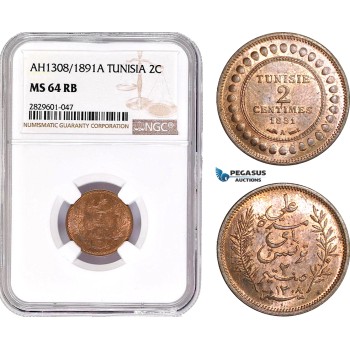 AD241, Tunisia, 2 Centimes AH1308 / 1891-A, Paris, NGC MS64RB, Pop 3/3