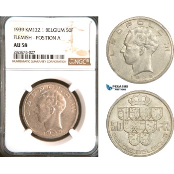 AD244, Belgium, Leopold III, 50 Francs 1939, Silver, Flemish, Pos. A, NGC AU58