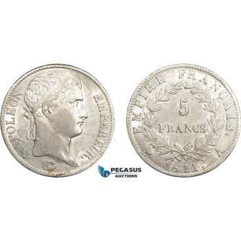 AD264, France, Napoleon, 5 Francs 1811-A, Paris, Silver, Cleaned AU