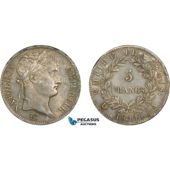 AD265, France, Napoleon, 5 Francs 1811-A, Paris, Silver, Toned AU-UNC (Few Hairlines)