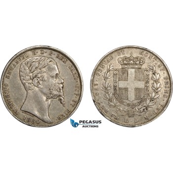 AD276, Italy, Sardinia, Vit. Emmanuele II, 5 Lire 1850-P, Genova, Silver, Toned VF