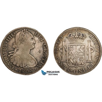AD283, Mexico, Charles IV, 8 Reales 1803 Mo FT, Mexico City, Silver, Toned VF