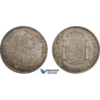 AD290, Bolivia, Charles IV, 8 Reales 1792 PTS PR, Potosi, Silver, Toned VF (Old scratch)