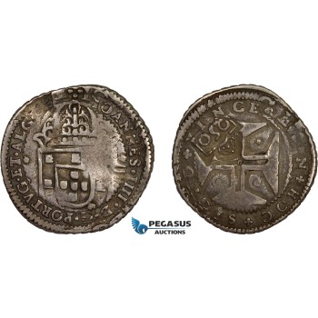 AD295, Portugal, Pedro II, 250 Reis ND (1688) Lisbon, Silver, countermarked Crowned 2SO on 200 Reis ND, Toned VF