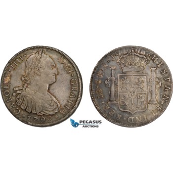 AD311, Peru, Charles IV, 8 Reales 1792 LIMA IJ, Silver, Toned XF-AU (Few scratches)