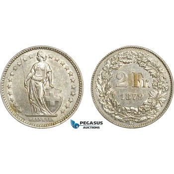 AD316, Switzerland, 2 Franken 1879-B, Bern, Silver, Cleaned XF-AU