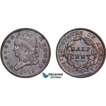 AD317, United States, Classic Head 1/2 Cent 1828, Philadelphia, Cleaned AU-UNC