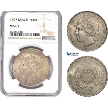 AD325, Brazil, 2000 Reis 1897, Silver, NGC MS62, Pop 3/1, Rare!