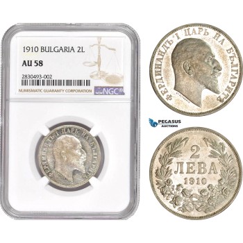 AD326, Bulgaria, Ferdinand I, 2 Leva 1910, Silver, NGC AU58