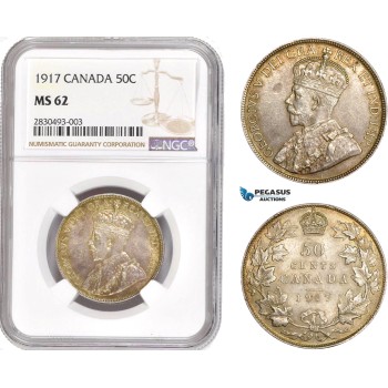 AD329, Canada, George V, 50 Cents 1917, Silver, NGC MS62