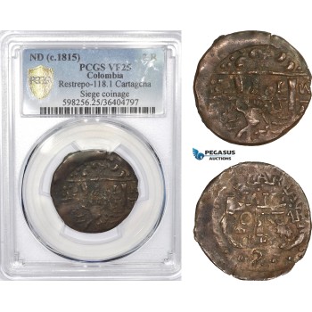 AD334, Colombia, Siege of Cartagena, 2 Reales ND (1815) Restrepo 118.1, PCGS VF25, Rare!