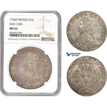 AD337, France, Louis XV, Ecu 1726-D, Lyon, Silver, NGC MS62, Pop 1/0