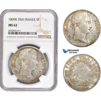 AD339, France, Napoleon, 5 Francs 1809-K, Bordeaux, Silver, NGC MS62, Pop 1/0, Rare!