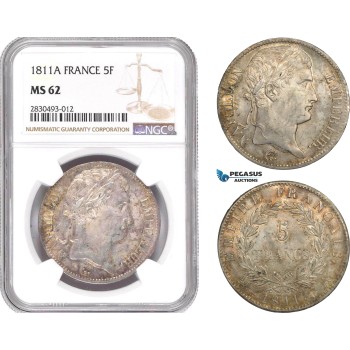 AD340, France, Napoleon, 5 Francs 1811-A, Paris, Silver, NGC MS62