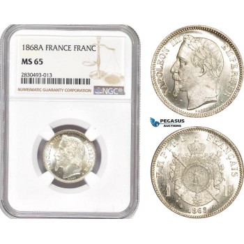 AD341, France, Napoleon III, 1 Franc 1868-A, Paris, Silver, NGC MS65