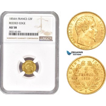 AD342, France, Napoleon III, 5 Francs 1854-A, Paris, Gold, NGC AU58 Reeded edge