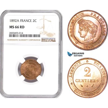 AD343, France, Third Republic, 2 Centimes 1892-A, Paris, NGC MS66RD, Pop 1/0