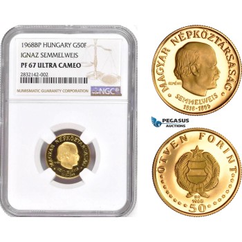AD354, Hungary, Semmelweis 50 Forint 1968-BP, Budapest, Gold, NGC PF67 Ultra Cameo