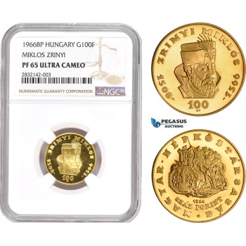 AD355, Hungary, Zrinyi 100 Forint 1966-BP, Budapest, Gold, NGC PF65 Ultra Cameo
