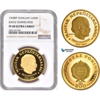 AD356, Hungary, Semmelweis 200 Forint 1968-BP, Budapest, Gold, NGC PF68 Ultra Cameo