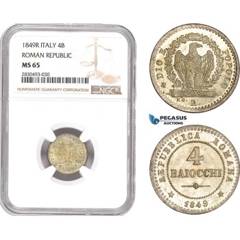 AD357, Italy, Roman Republic, 4 Baiocchi 1849-R, Rome, Silver, NGC MS65