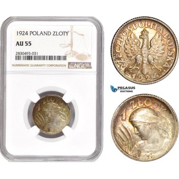 AD358, Poland, 1 Zloty 1924, Paris, Silver, NGC AU55