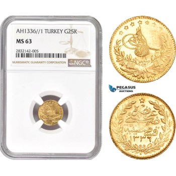AD366, Ottoman Empire, Turkey, Mehmed Vahdeddin VI, 25 Kurush AH1336/1, Qustantiniya, Gold, NGC MS63