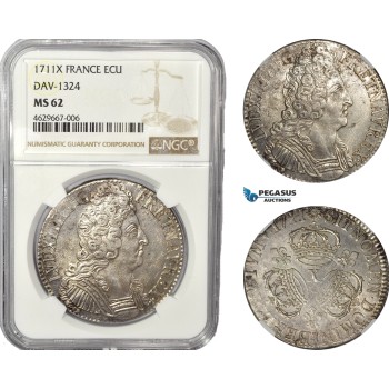 AD372, France, Louis XIV, Ecu 1711-X, Amiens, Silver, NGC MS62, Pop 1/0