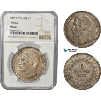 AD374, France, Louis Napoleon, 5 Francs 1852-A, Paris, Silver, NGC MS63