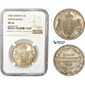 AD375, Norway, Haakon VII, 2 Kroner 1906, Kongsberg, Silver, NGC MS66 Independence