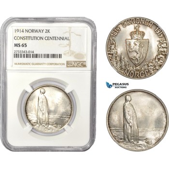 AD376, Norway, Haakon VII, 2 Kroner 1914, Kongsberg, Silver, NGC MS65 Constitution Centennial