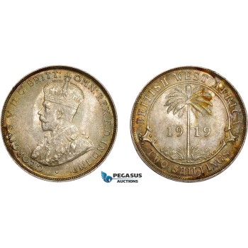 AD382, British West Africa, George V, 2 Shillings 1919, Silver, Edge damage and stained UNC