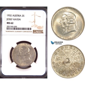 AD416, Austria, 2 Shilling 1932 Josef Haydn Vienna, Silver, NGC MS62