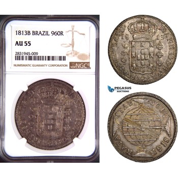 AD419, Brazil, João Prince Regent, 960 Reis 1813-B, Bahia, Silver, NGC AU55