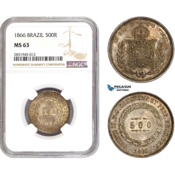 AD422, Brazil, Pedro II, 500 Reis 1866, Silver, NGC MS63
