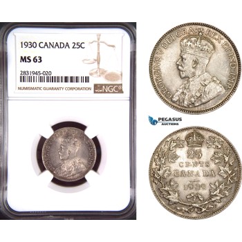 AD428, Canada, George V, 25 Cents 1930, Silver, NGC MS63