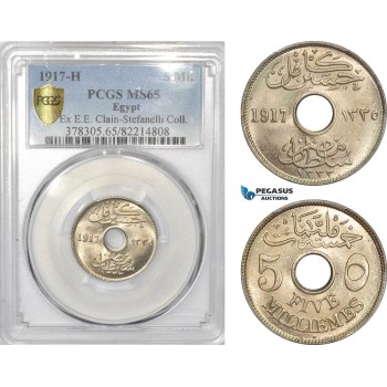 AD435, Egypt, Occupation Coinage, 5 Milliemes AH1335/1917-H, Heaton, PCGS MS65