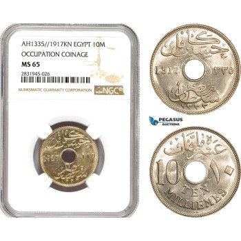AD437, Egypt, Occupation Coinage, 10 Milliemes AH1335/1917-KN, Kings Norton, NGC MS65