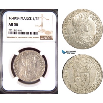 AD442, France, Louis XIV, 1/2 Ecu 1649 (9) Rennes, Silver, NGC AU58
