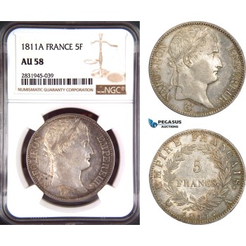 AD448, France, Napoleon, 5 Francs 1811-A, Paris, Silver, NGC AU58
