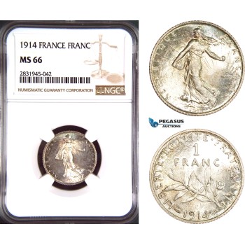 AD452, France, Third Republic, 1 Franc 1914, Paris, Silver, NGC MS66, Pop 1/1