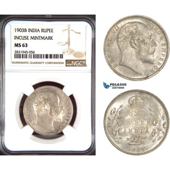 AD466, India (British) Edward VII, 1 Rupee 1903-B (Incuse) Bombay, Silver, NGC MS63