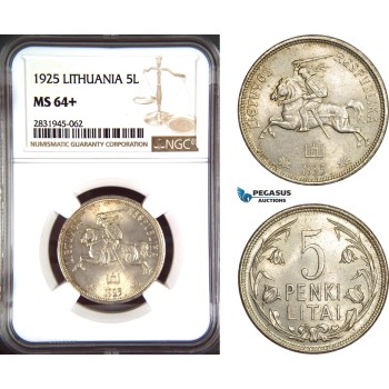 AD470, Lithuania, 5 Litai 1925, Silver, NGC MS64+