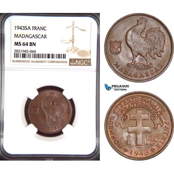 AD471, Madagascar, 1 Franc 1943-SA, NGC MS64BN